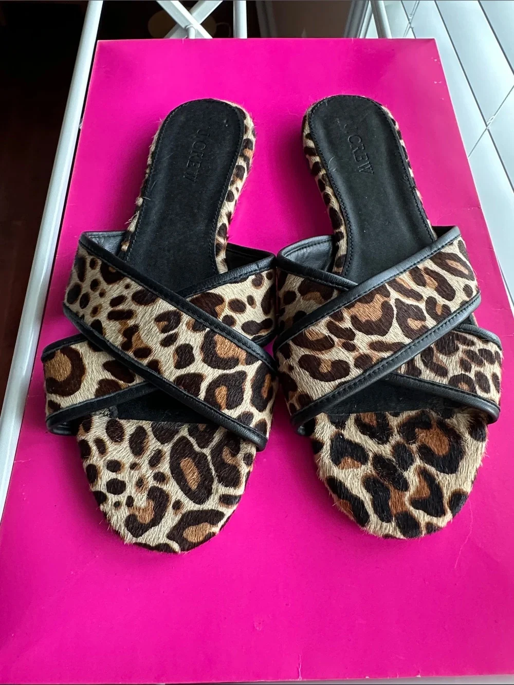 J. Crew Leopard-Print Cross Strap Slide Sandals in Tan and Brown
